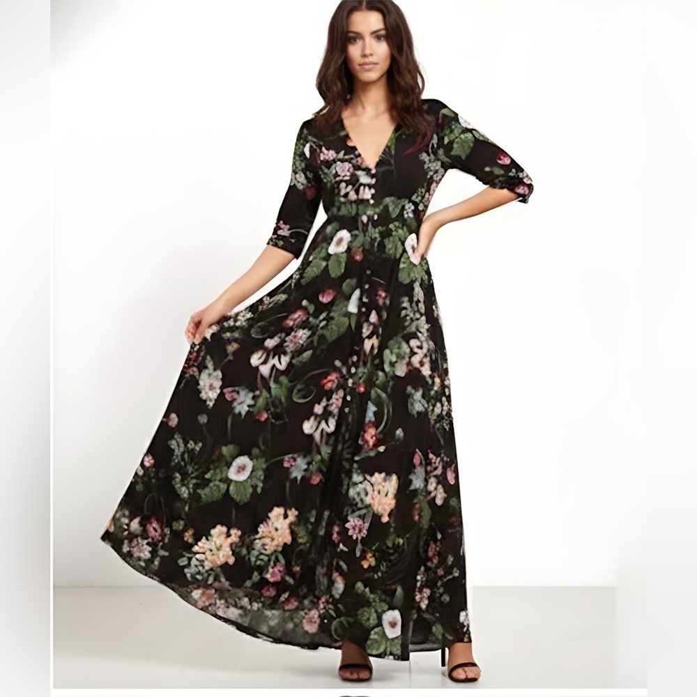 Boho Floral Smocked Waist Button Through Floral Maxi Dress Black